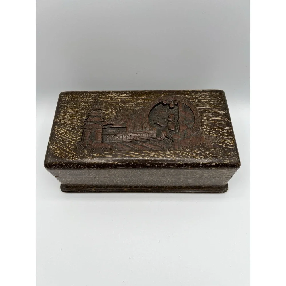 Antique George Zee Chest Jewelry‎ Box Hand Carved Wood Chinese Scene